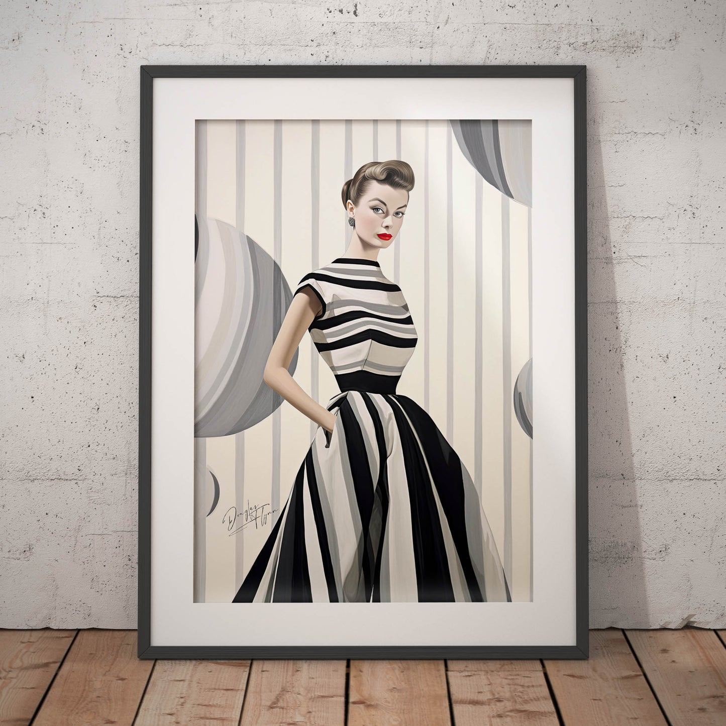 »Black and White Peplum Dress, 1950s with Bold Stripes«
