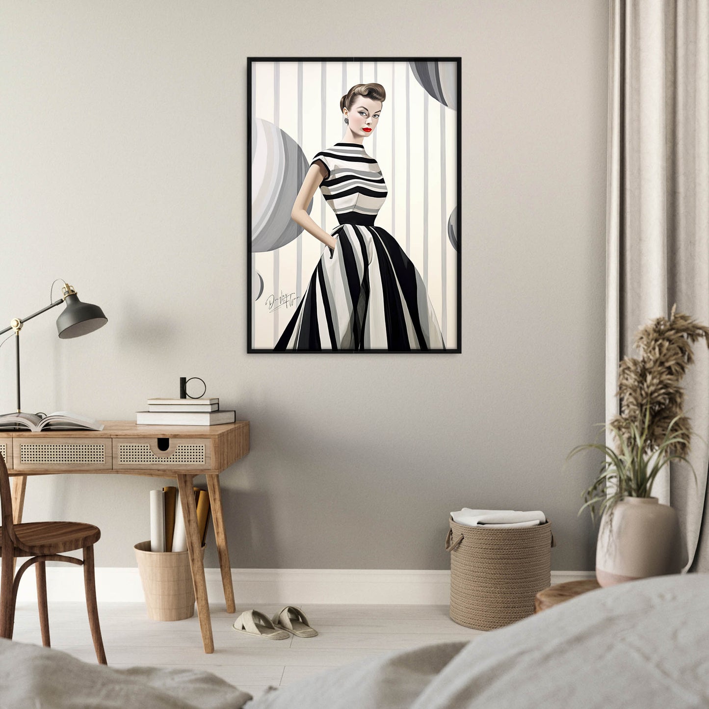 »Black and White Peplum Dress, 1950s with Bold Stripes«