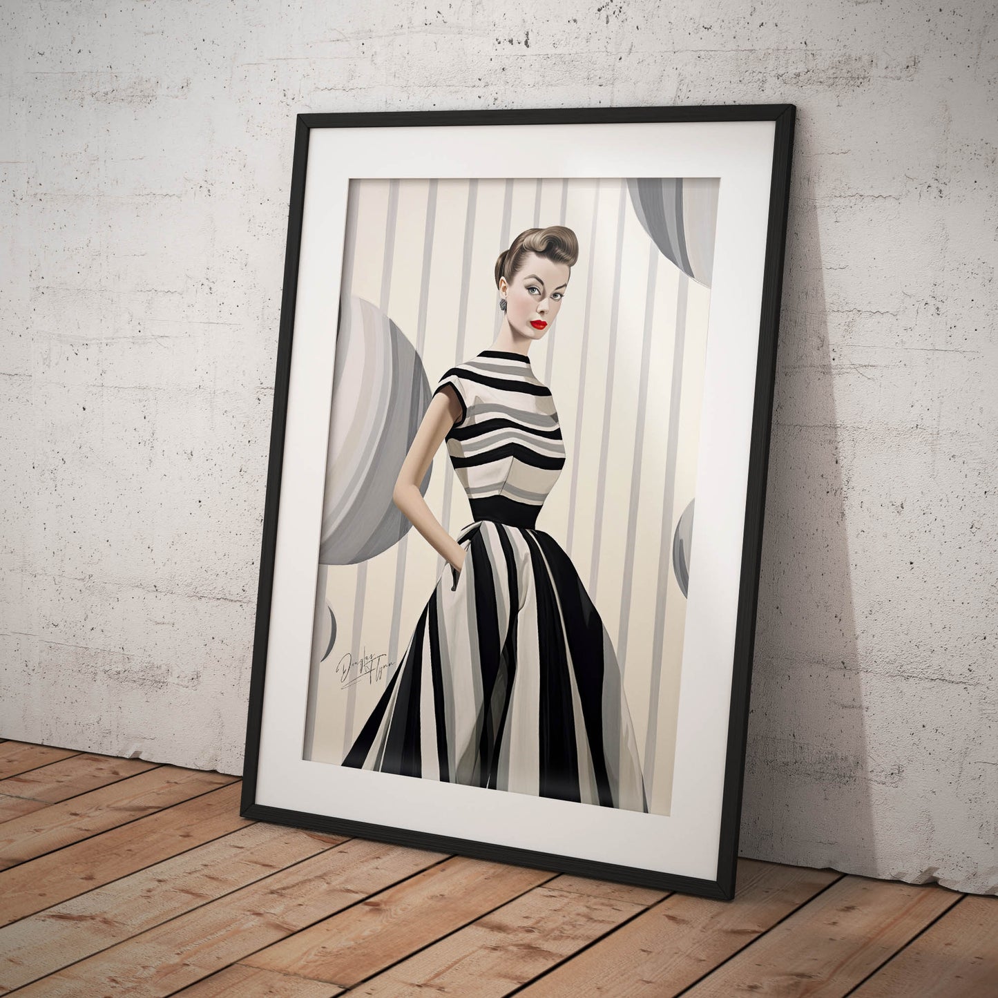 »Black and White Peplum Dress, 1950s with Bold Stripes«