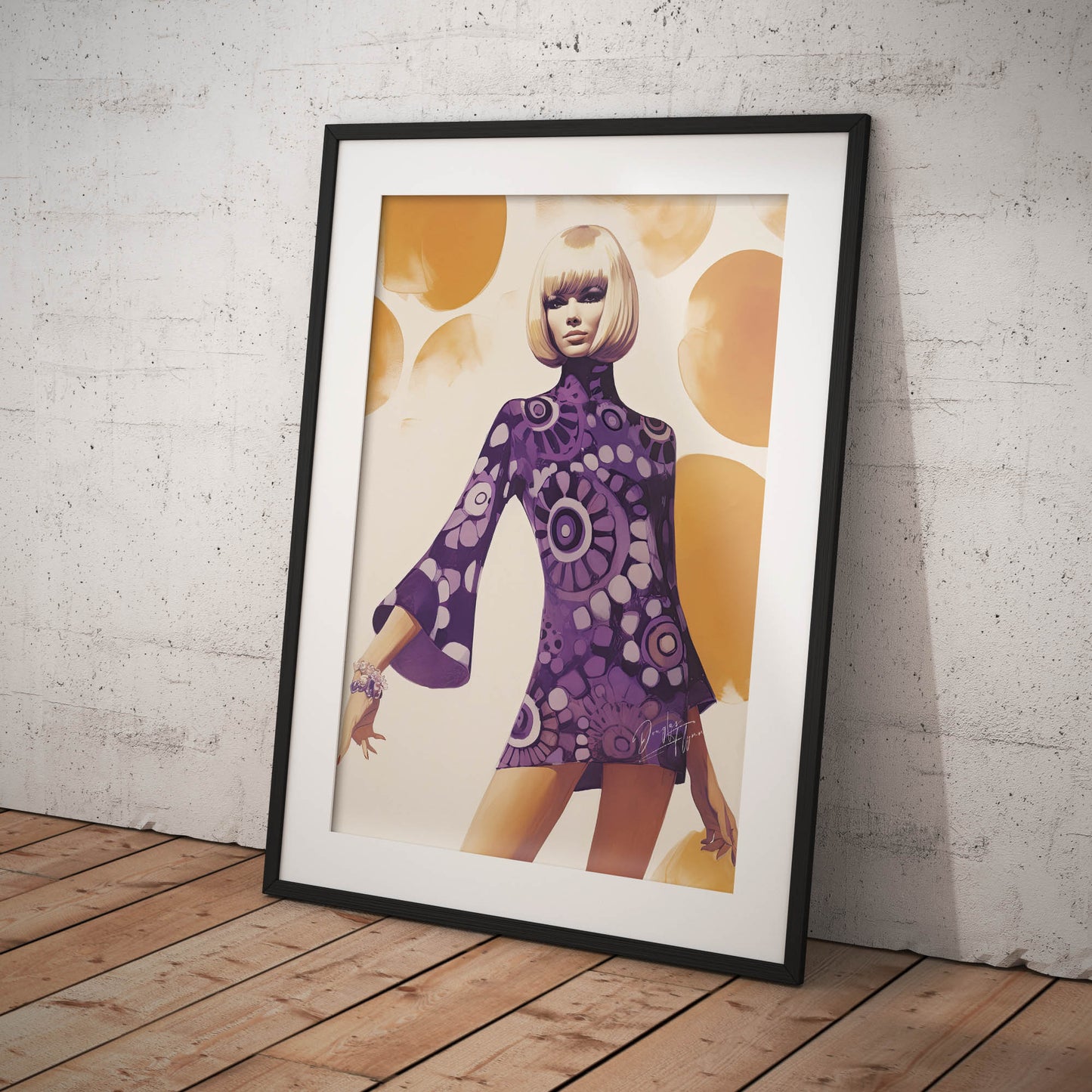 »Purple Paisley Print Mini Dress, 1960s with Bell Sleeves«