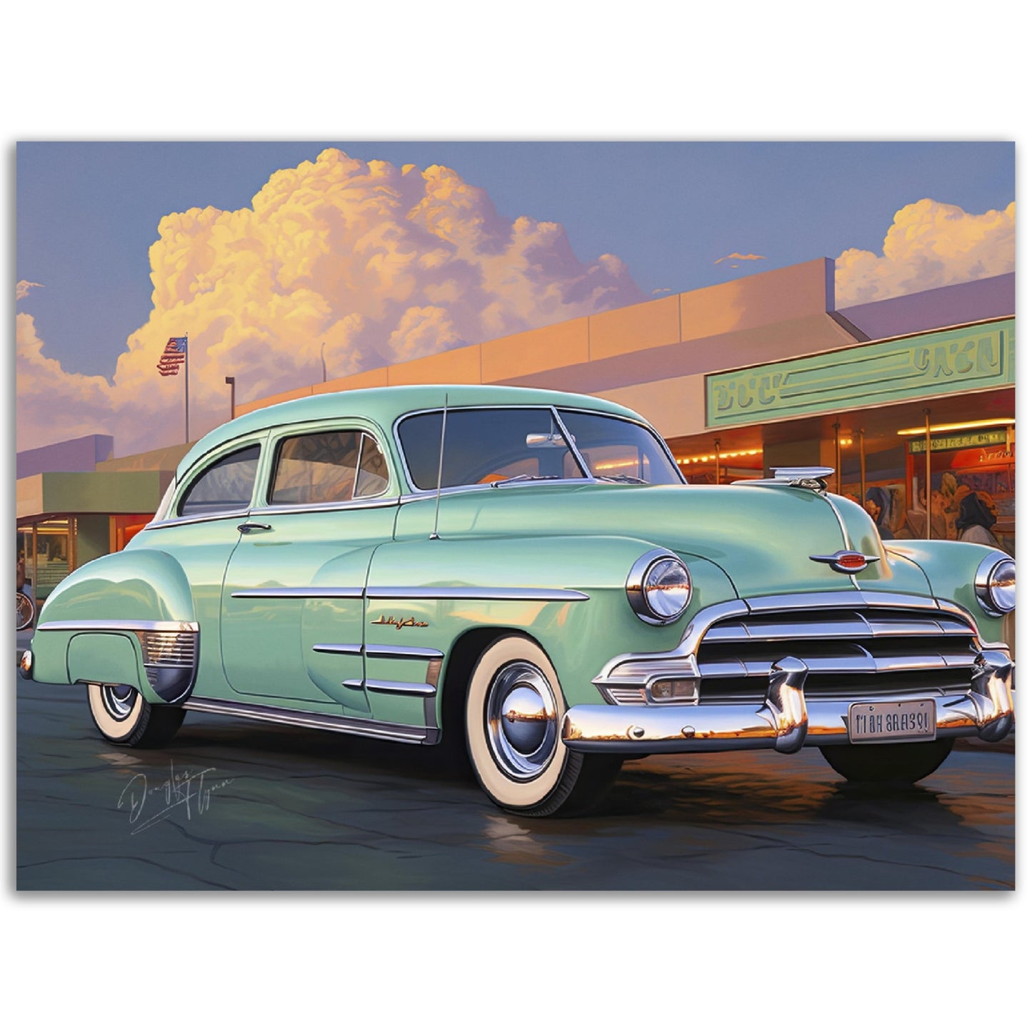 »Mint green 1940s Oldsmobile vintage car«
