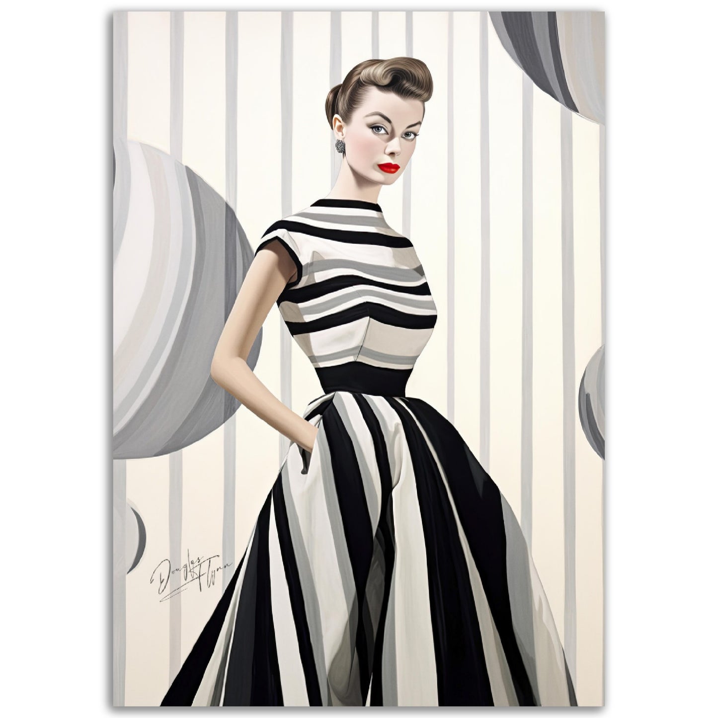 »Black and White Peplum Dress, 1950s with Bold Stripes«