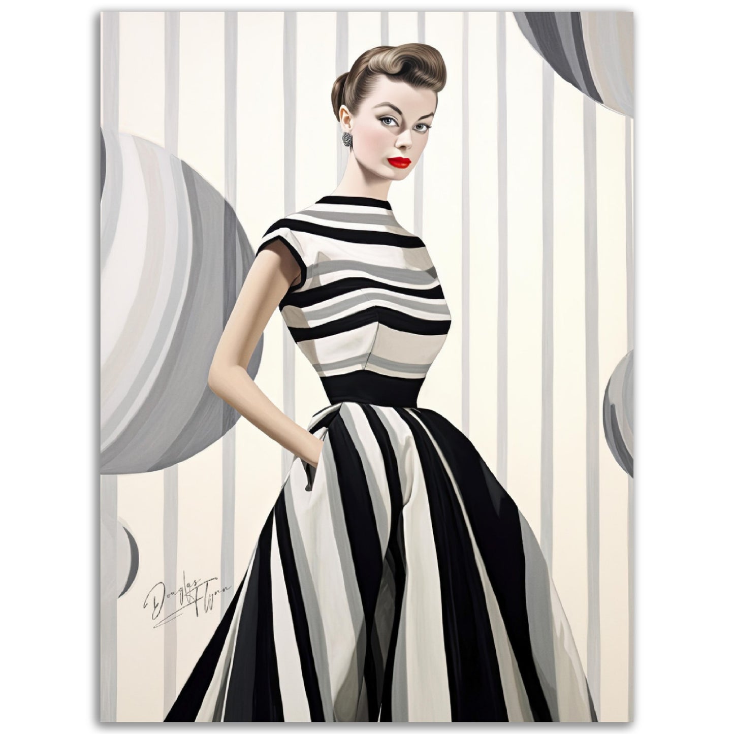 »Black and White Peplum Dress, 1950s with Bold Stripes«