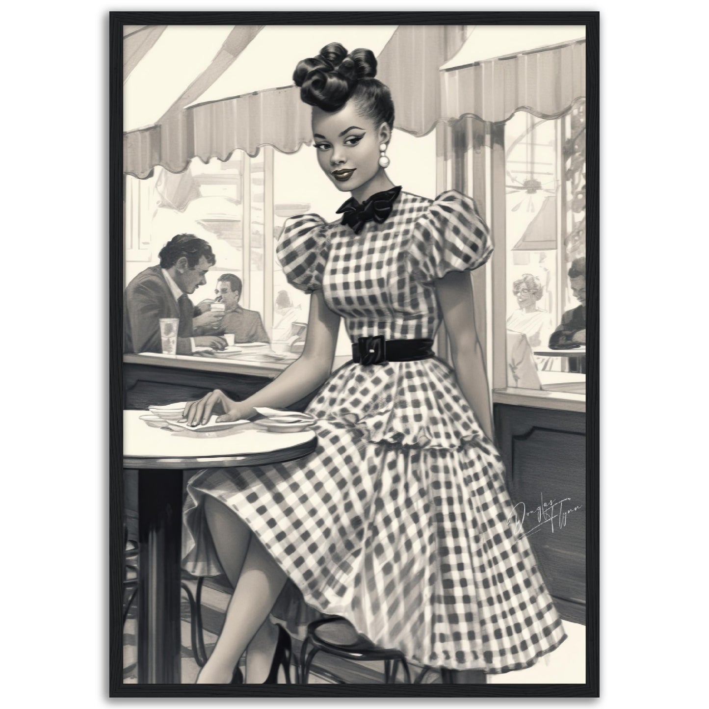 »Black and White Polka Dot Midi Dress, 1950s with Tiered Ruffles«