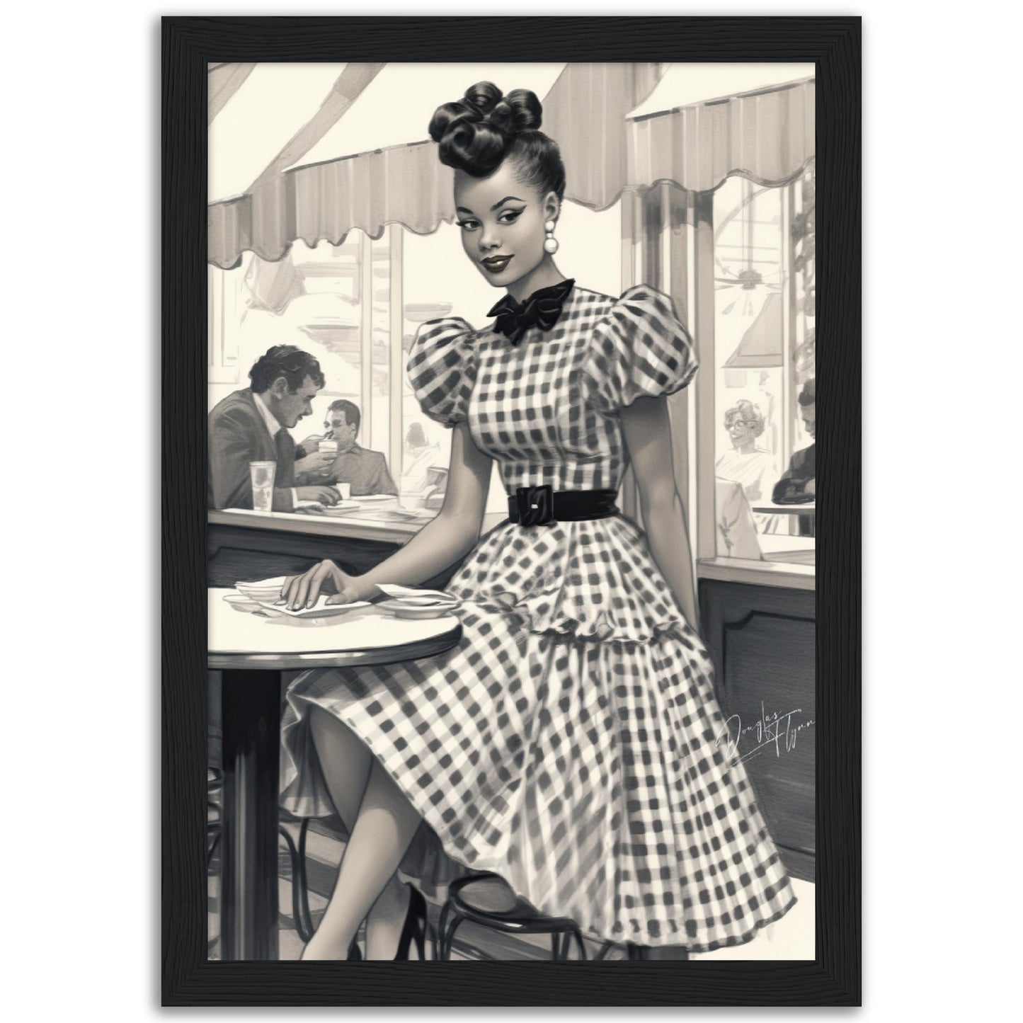 »Black and White Polka Dot Midi Dress, 1950s with Tiered Ruffles«
