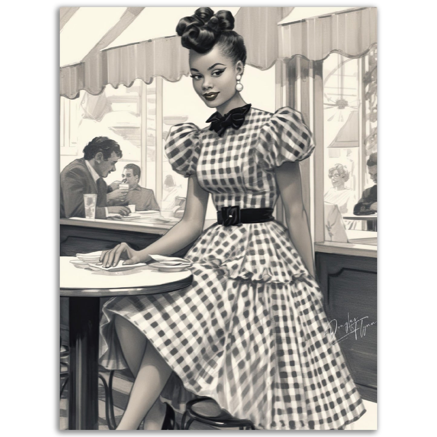 »Black and White Polka Dot Midi Dress, 1950s with Tiered Ruffles«
