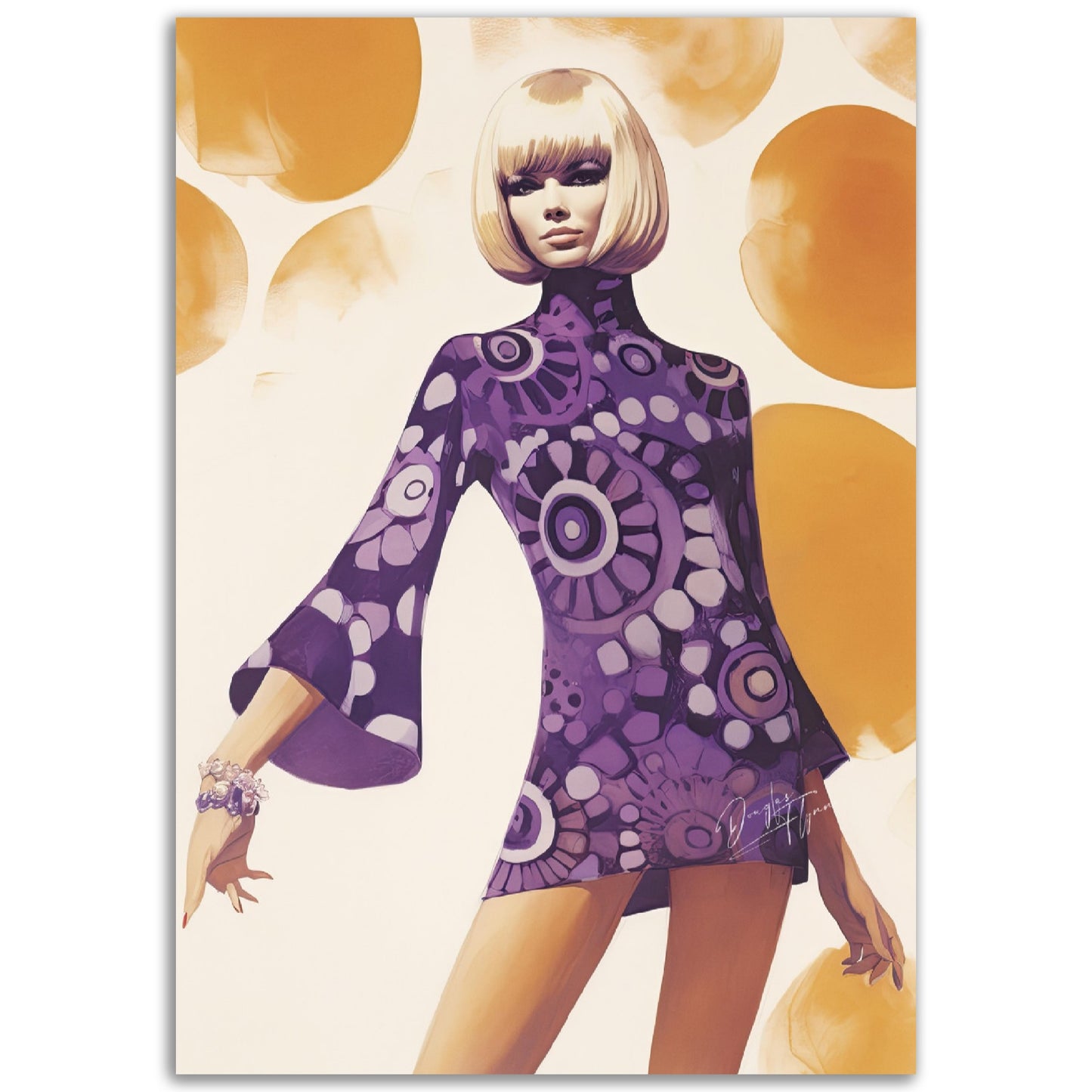 »Purple Paisley Print Mini Dress, 1960s with Bell Sleeves«