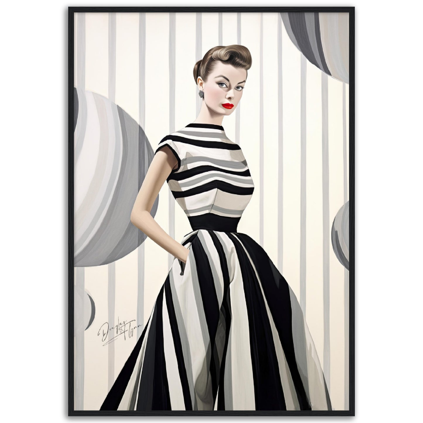 »Black and White Peplum Dress, 1950s with Bold Stripes«