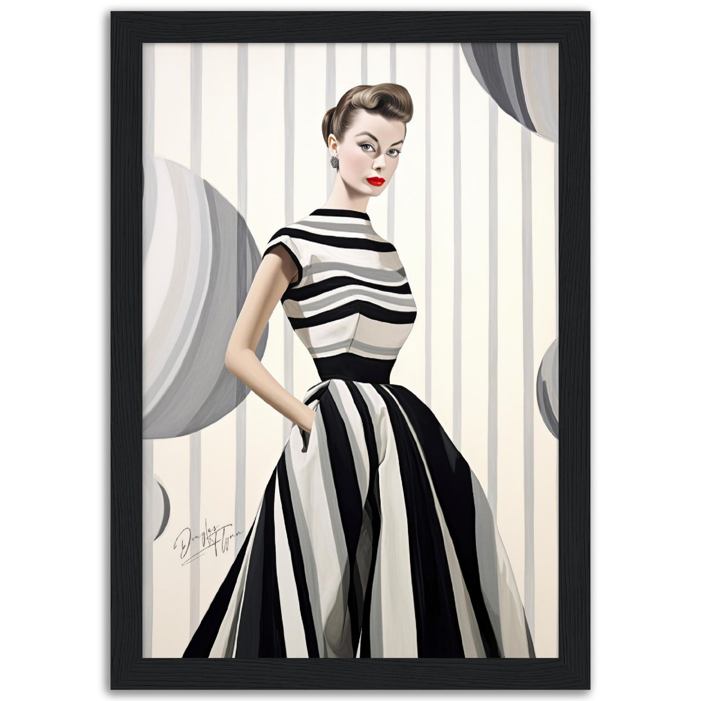 »Black and White Peplum Dress, 1950s with Bold Stripes«
