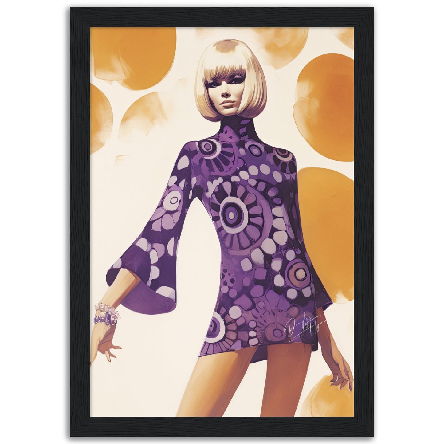 »Purple Paisley Print Mini Dress, 1960s with Bell Sleeves«