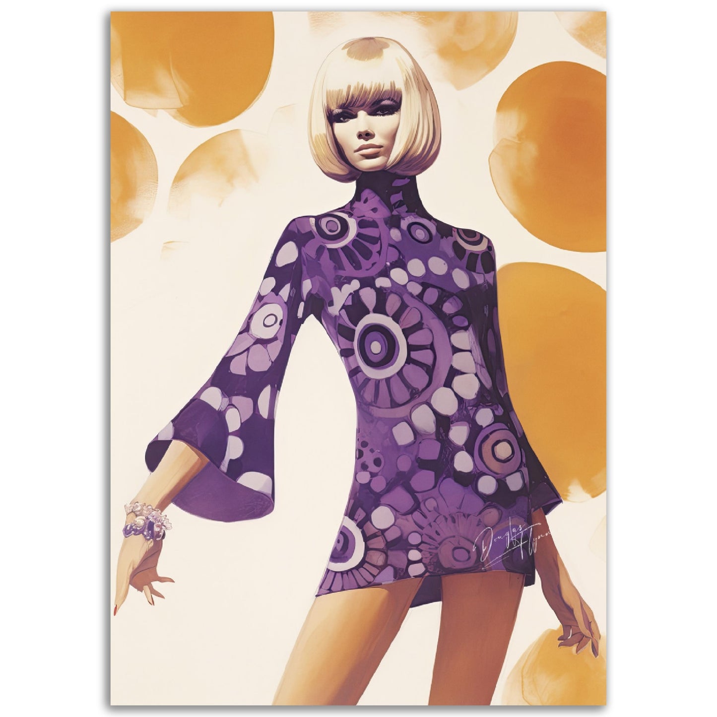 »Purple Paisley Print Mini Dress, 1960s with Bell Sleeves«