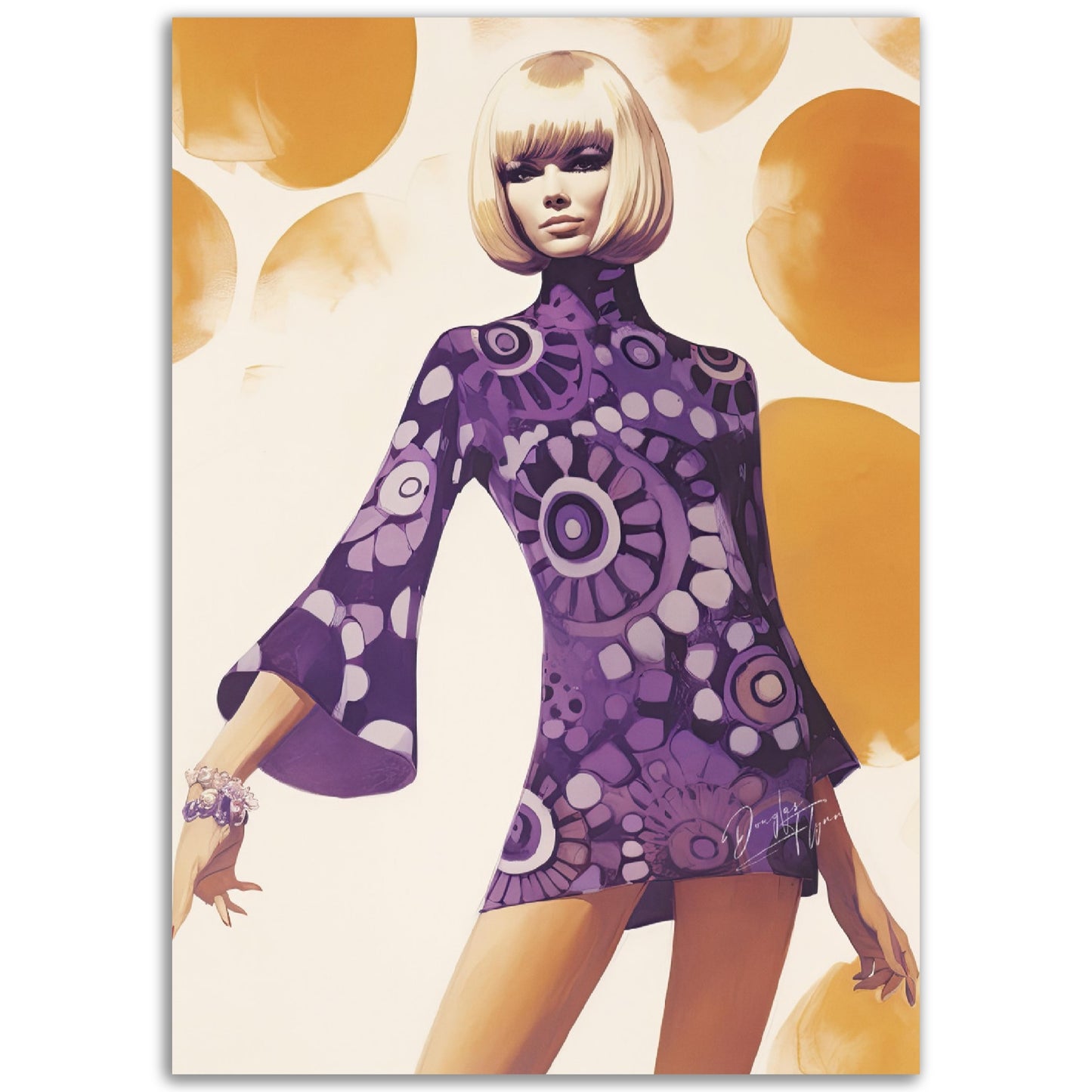 »Purple Paisley Print Mini Dress, 1960s with Bell Sleeves«
