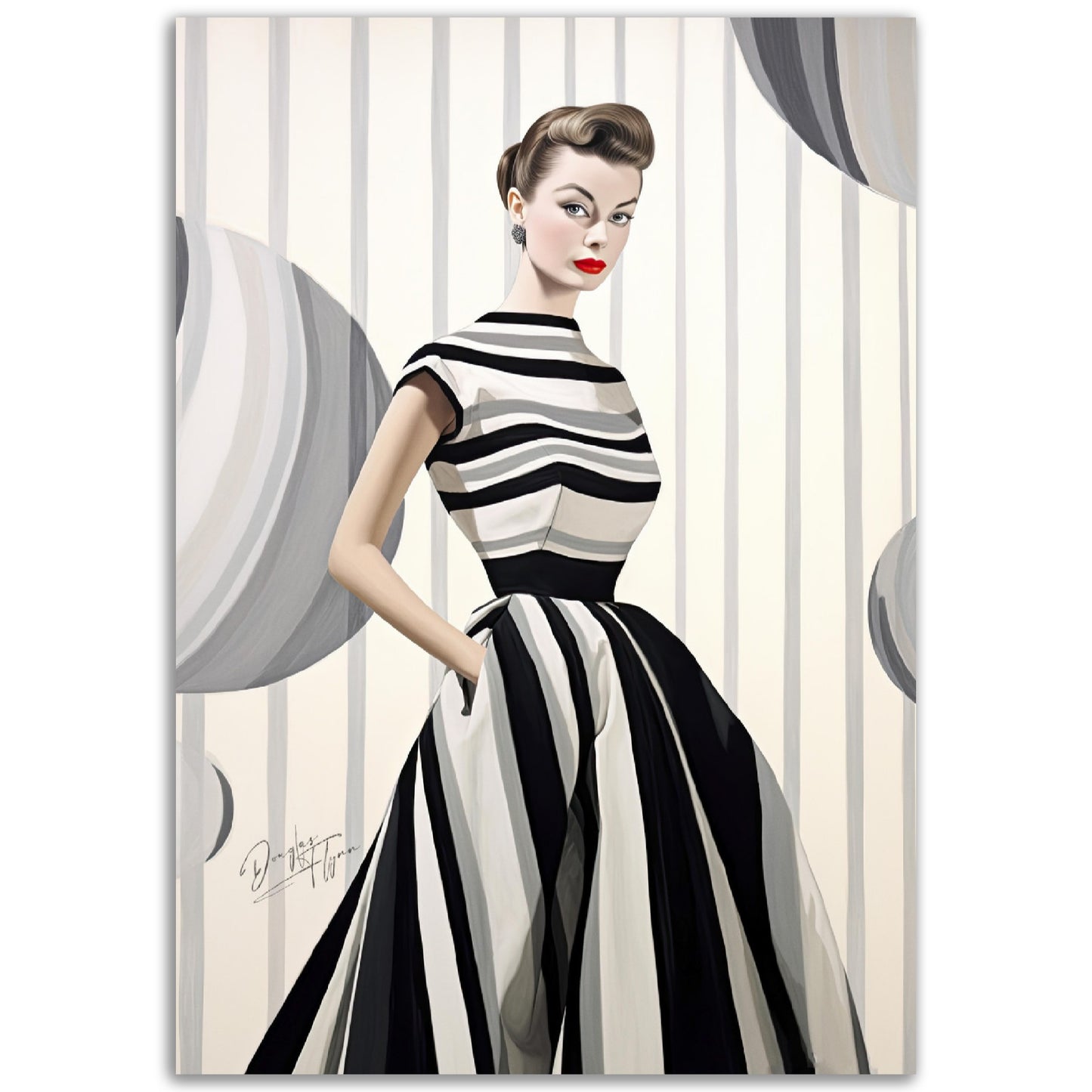 »Black and White Peplum Dress, 1950s with Bold Stripes«