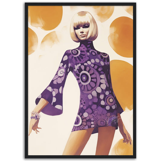 »Purple Paisley Print Mini Dress, 1960s with Bell Sleeves«