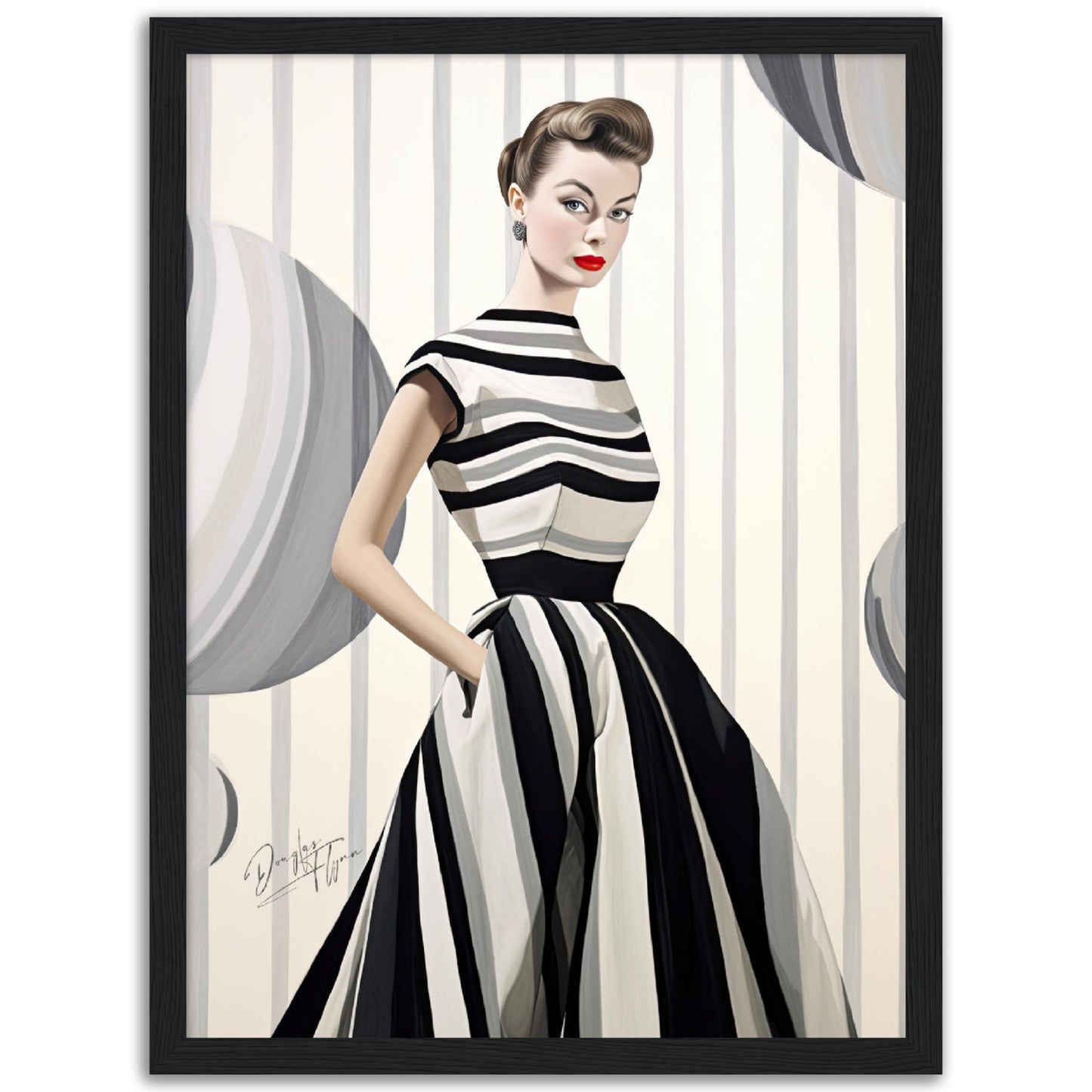 »Black and White Peplum Dress, 1950s with Bold Stripes«