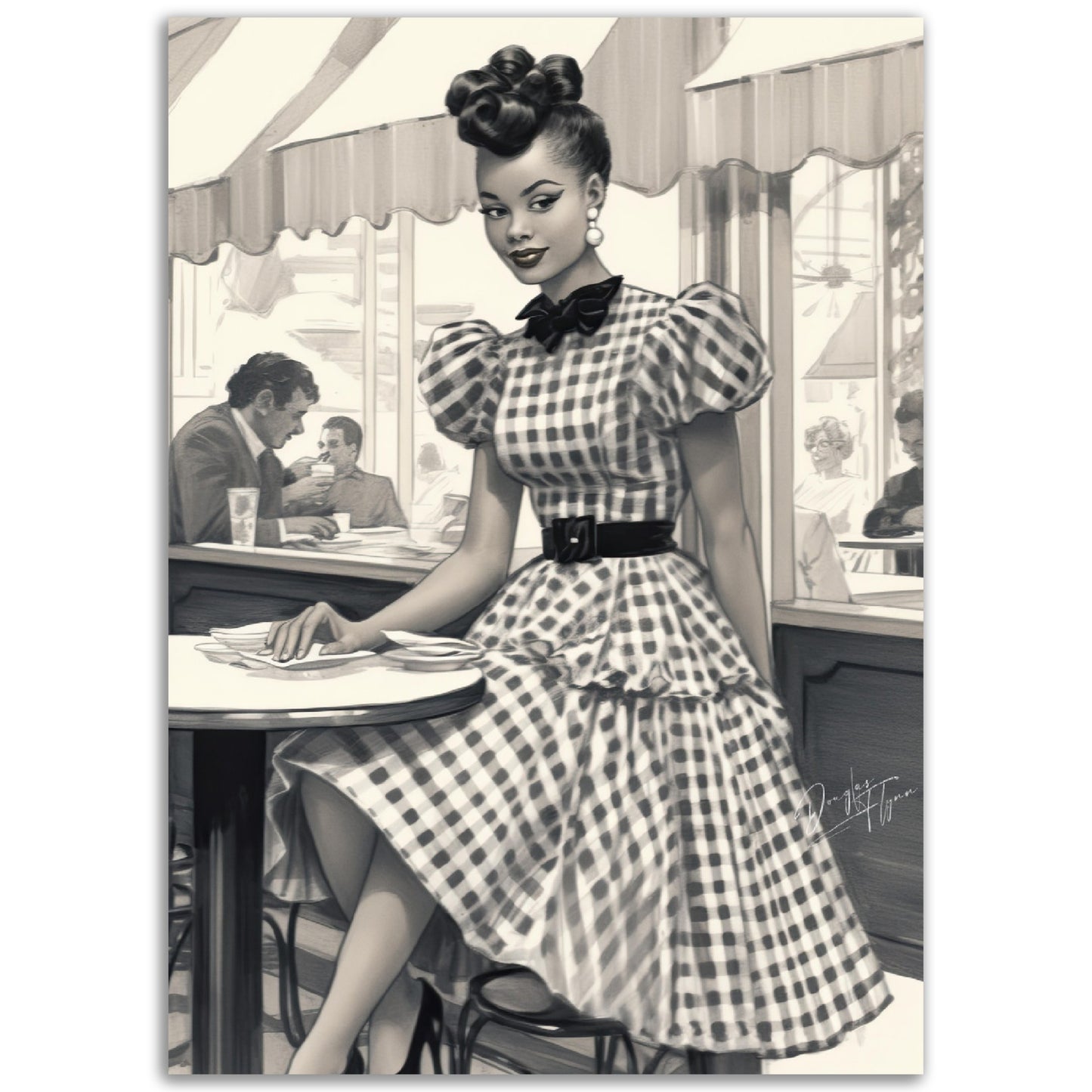 »Black and White Polka Dot Midi Dress, 1950s with Tiered Ruffles«