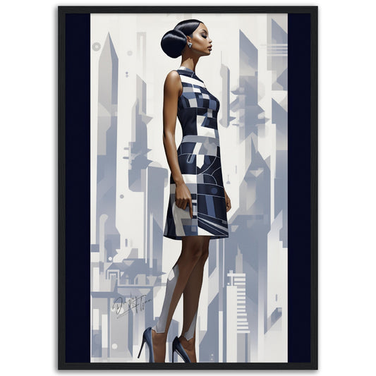 »Navy and White Scalloped Hem Midi Dress, 1960s with Geometric Print«