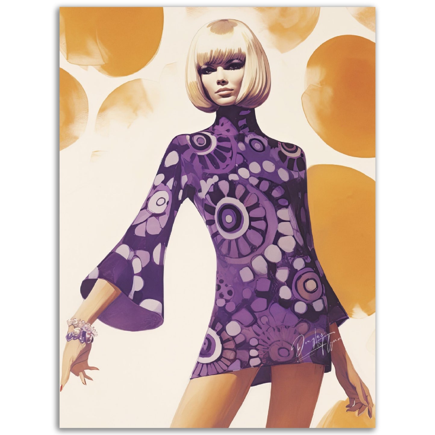 »Purple Paisley Print Mini Dress, 1960s with Bell Sleeves«