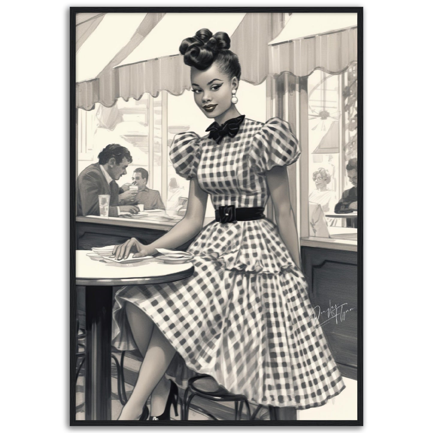 »Black and White Polka Dot Midi Dress, 1950s with Tiered Ruffles«