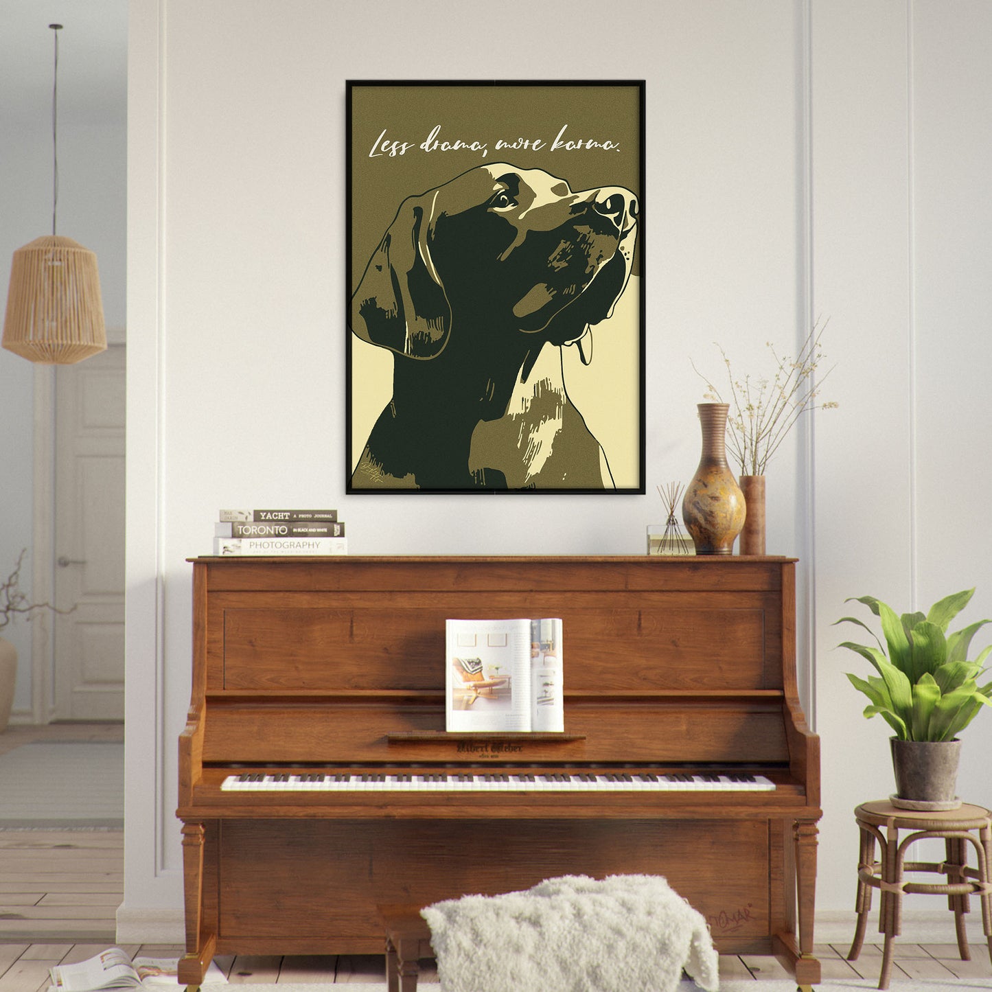 »Less drama, more karma« arty hundposter