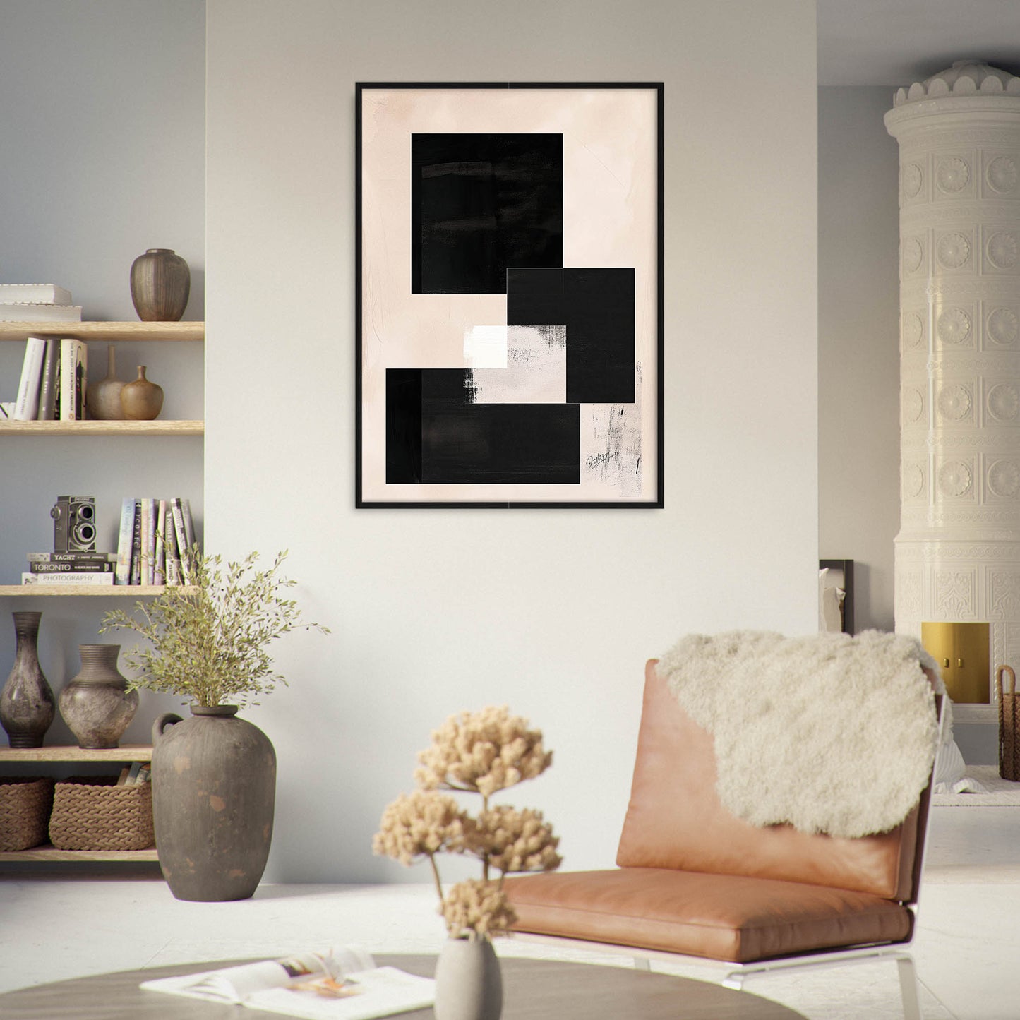 »Three Black Boxes And a White«, poster med abstrakta former