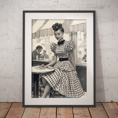 »Black and White Polka Dot Midi Dress, 1950s with Tiered Ruffles«