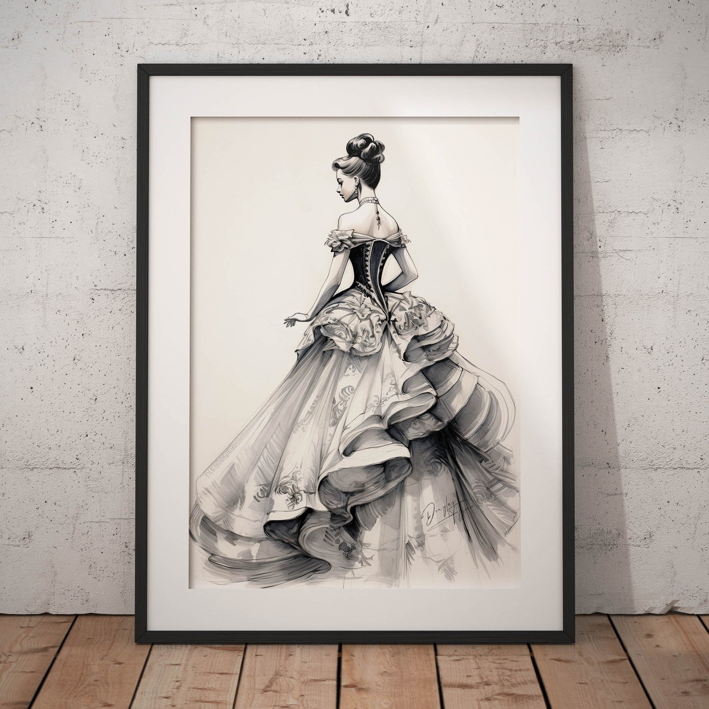 »Romantic Black and White Ruffled Sleeve Corseted Gown 1850s«