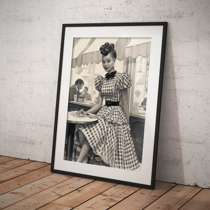 »Black and White Polka Dot Midi Dress, 1950s with Tiered Ruffles«