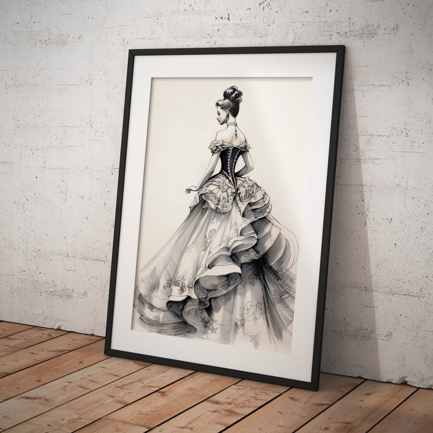 »Romantic Black and White Ruffled Sleeve Corseted Gown 1850s«