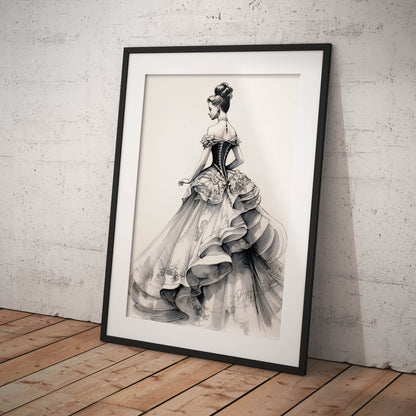 »Romantic Black and White Ruffled Sleeve Corseted Gown 1850s«