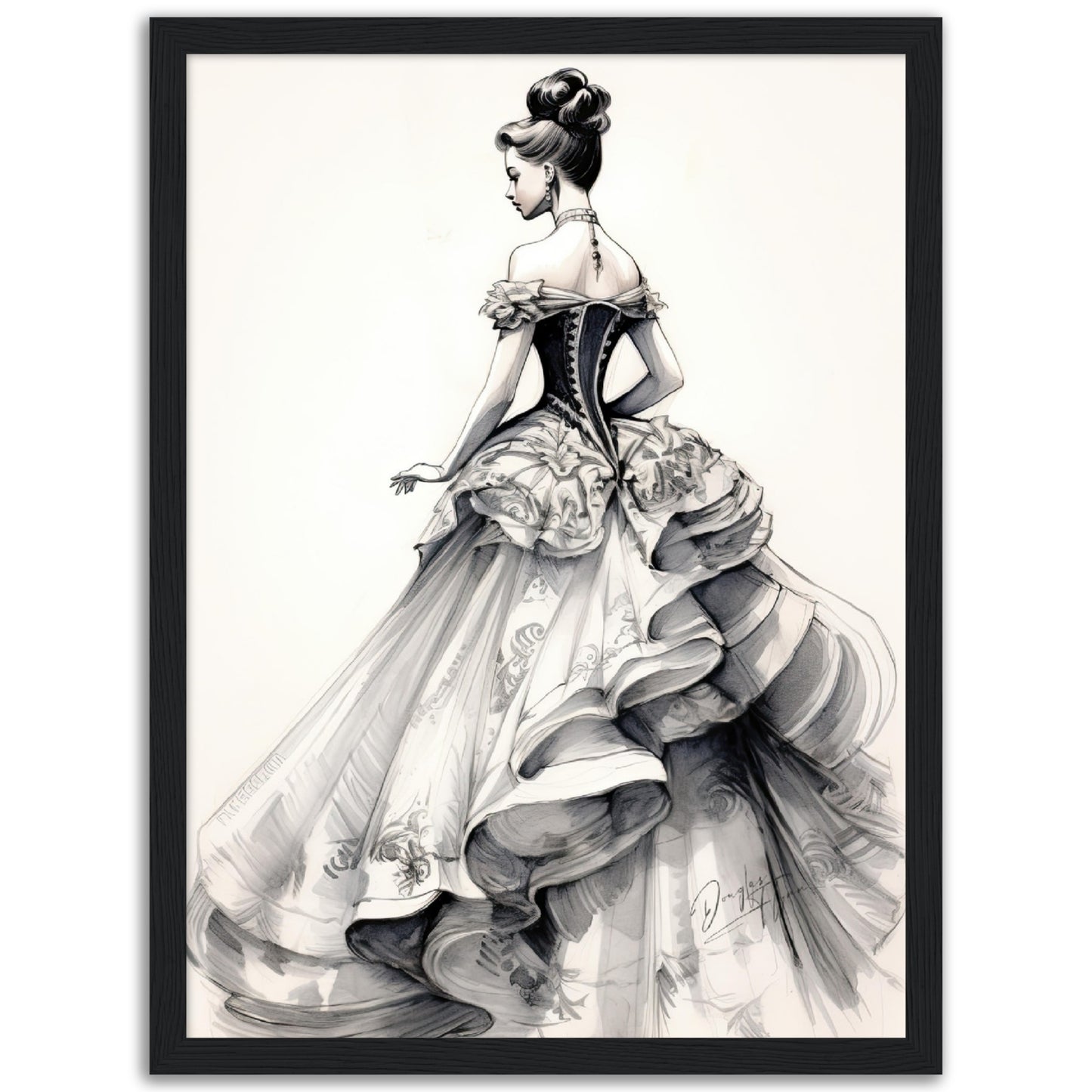 »Romantic Black and White Ruffled Sleeve Corseted Gown 1850s«