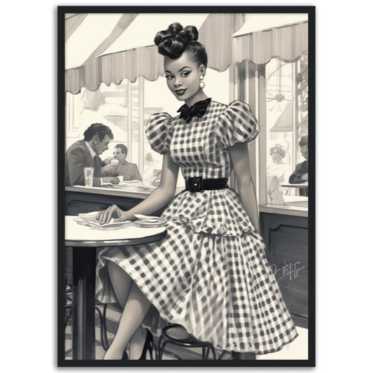 »Black and White Polka Dot Midi Dress, 1950s with Tiered Ruffles«