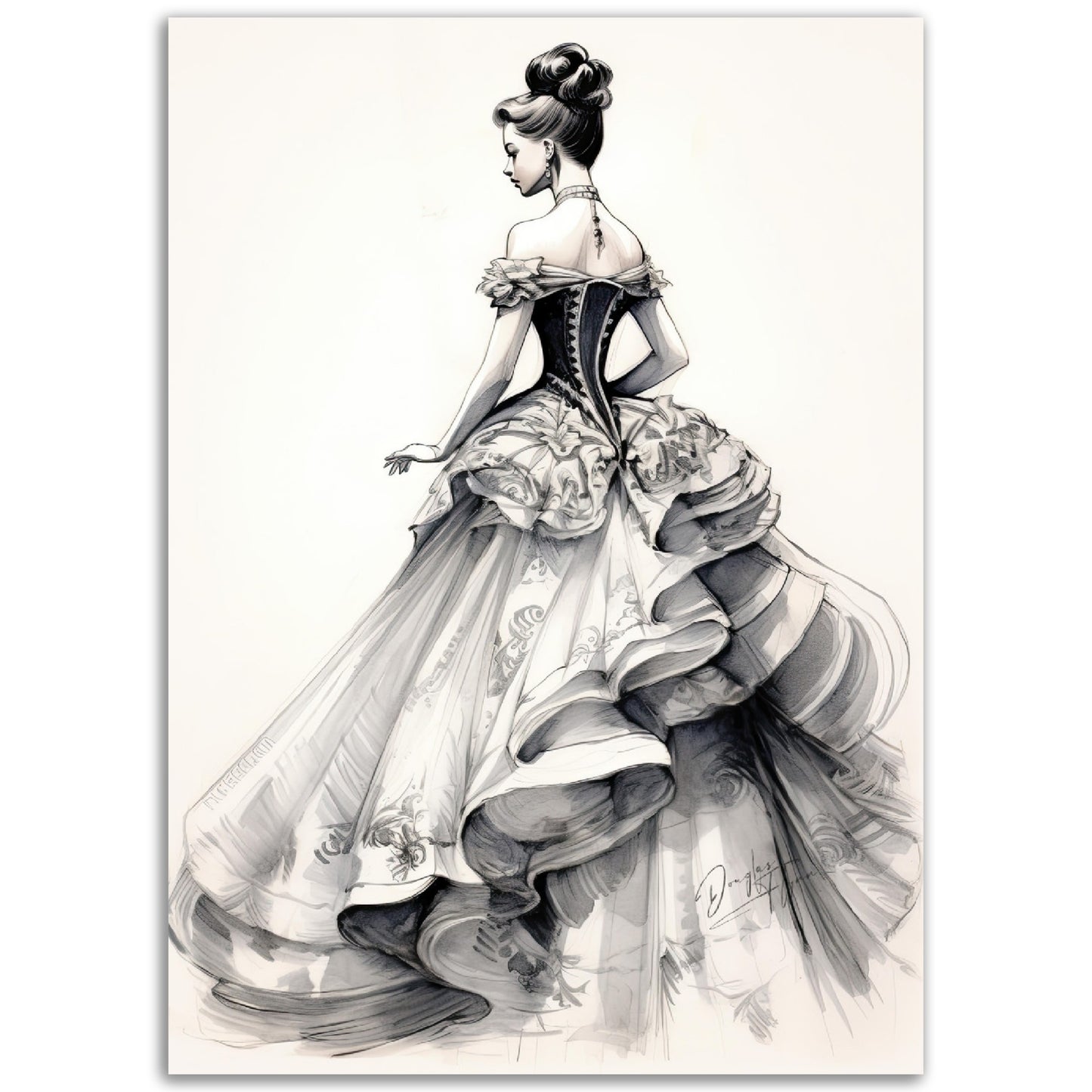 »Romantic Black and White Ruffled Sleeve Corseted Gown 1850s«
