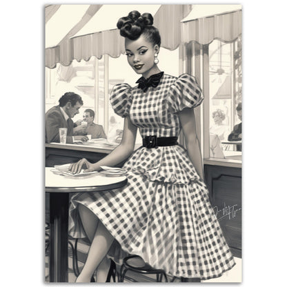 »Black and White Polka Dot Midi Dress, 1950s with Tiered Ruffles«