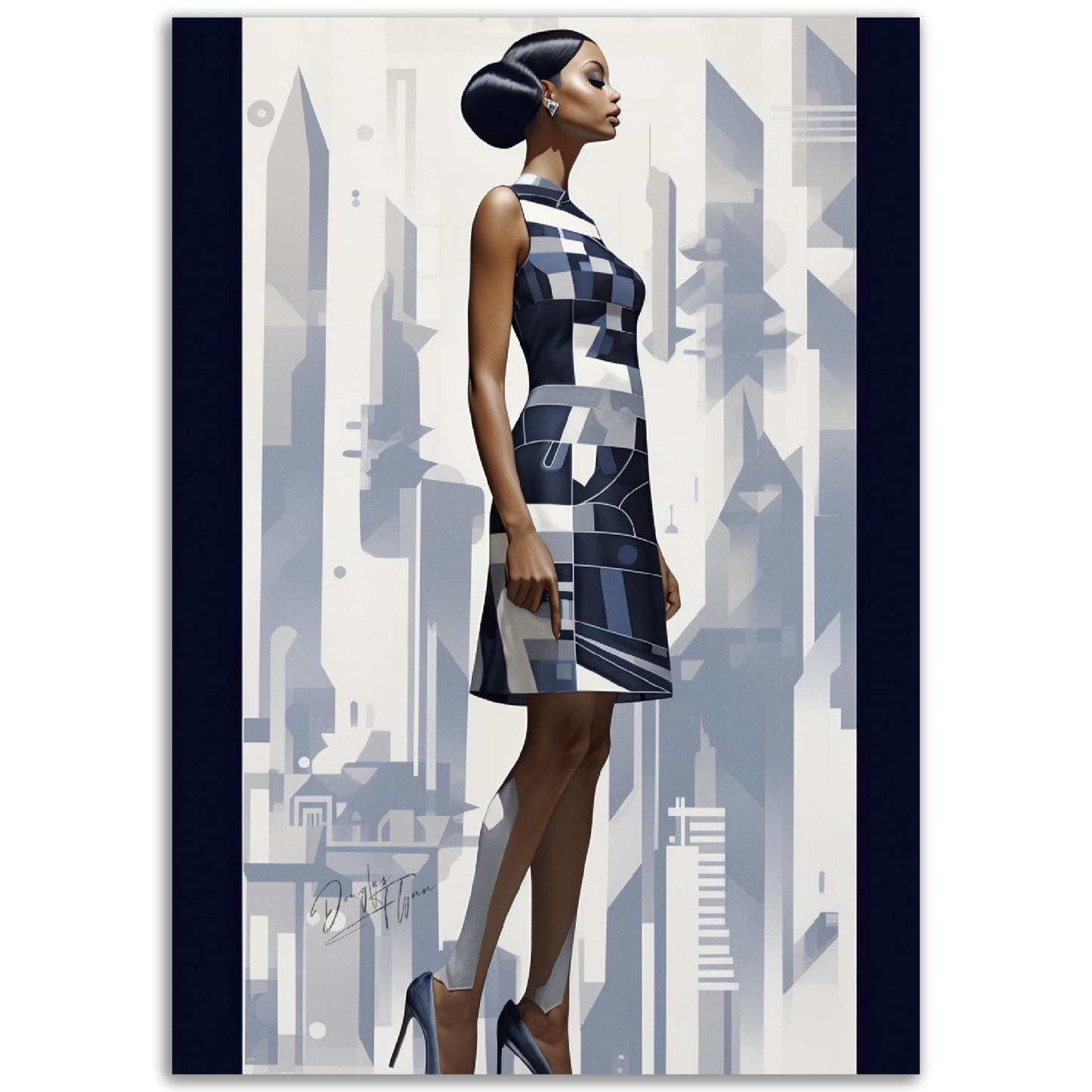 »Navy and White Scalloped Hem Midi Dress, 1960s with Geometric Print«