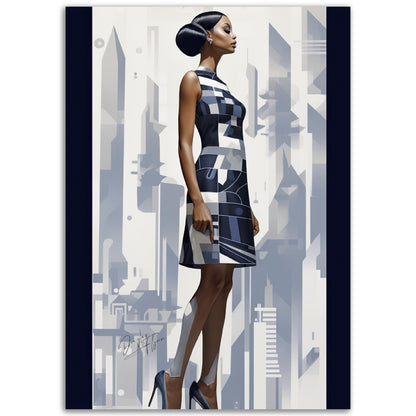 »Navy and White Scalloped Hem Midi Dress, 1960s with Geometric Print«