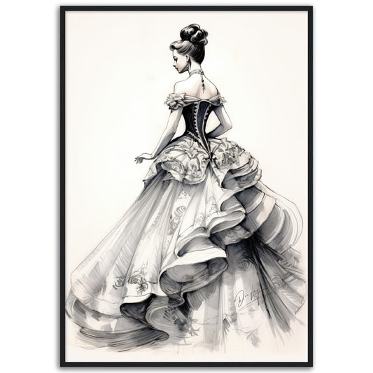 »Romantic Black and White Ruffled Sleeve Corseted Gown 1850s«