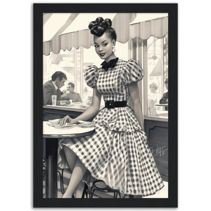 »Black and White Polka Dot Midi Dress, 1950s with Tiered Ruffles«
