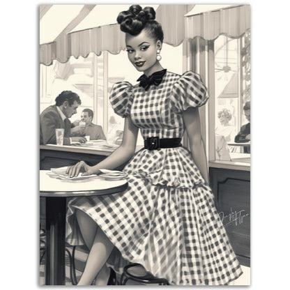 »Black and White Polka Dot Midi Dress, 1950s with Tiered Ruffles«
