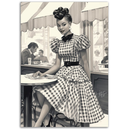 »Black and White Polka Dot Midi Dress, 1950s with Tiered Ruffles«