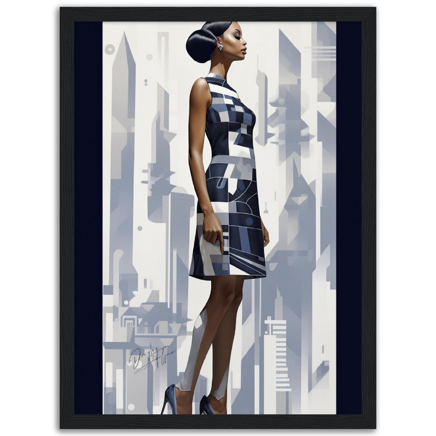 »Navy and White Scalloped Hem Midi Dress, 1960s with Geometric Print«