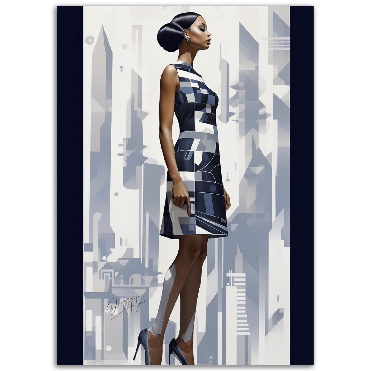 »Navy and White Scalloped Hem Midi Dress, 1960s with Geometric Print«