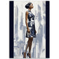»Navy and White Scalloped Hem Midi Dress, 1960s with Geometric Print«