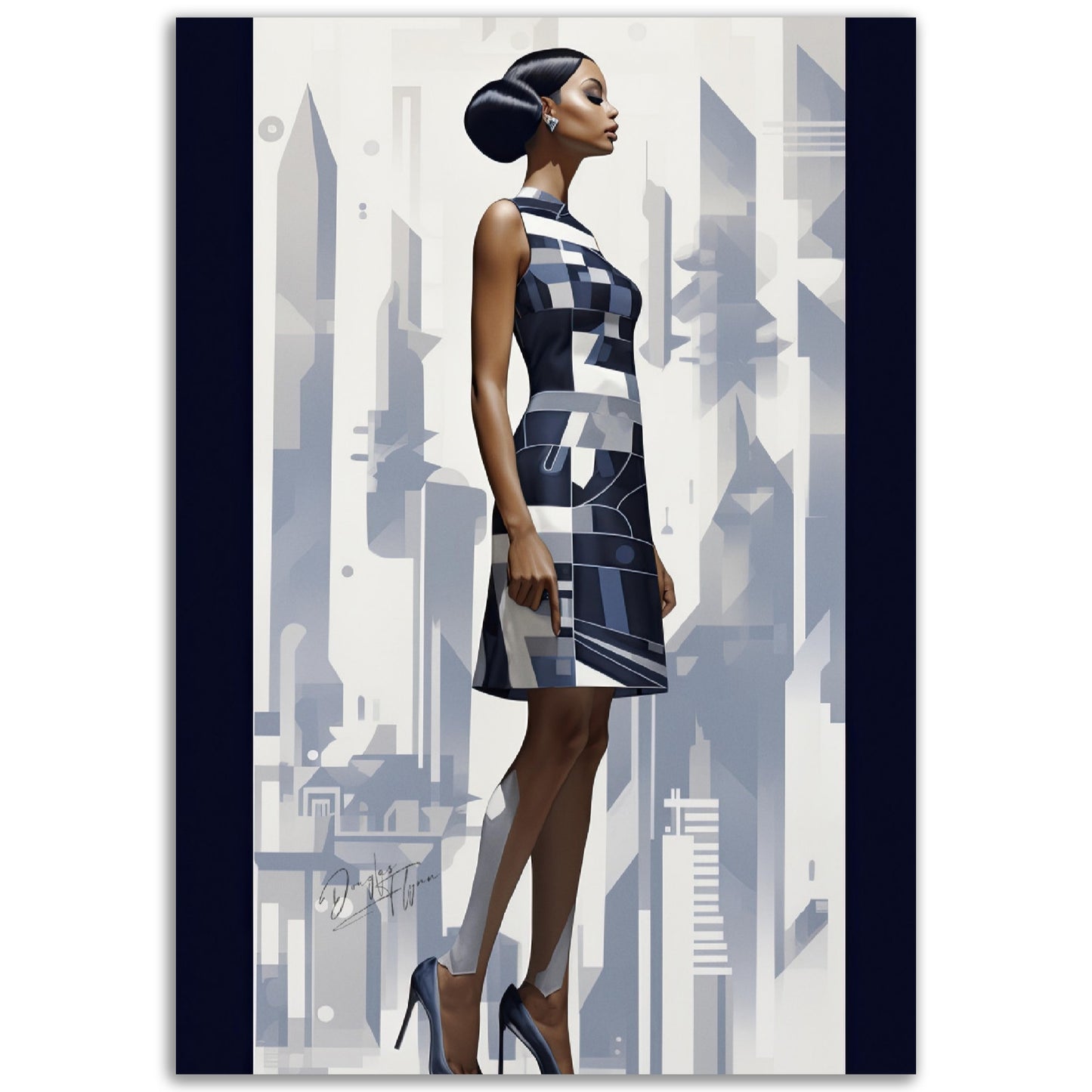 »Navy and White Scalloped Hem Midi Dress, 1960s with Geometric Print«