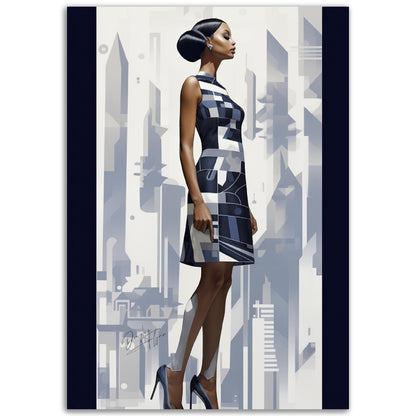 »Navy and White Scalloped Hem Midi Dress, 1960s with Geometric Print«