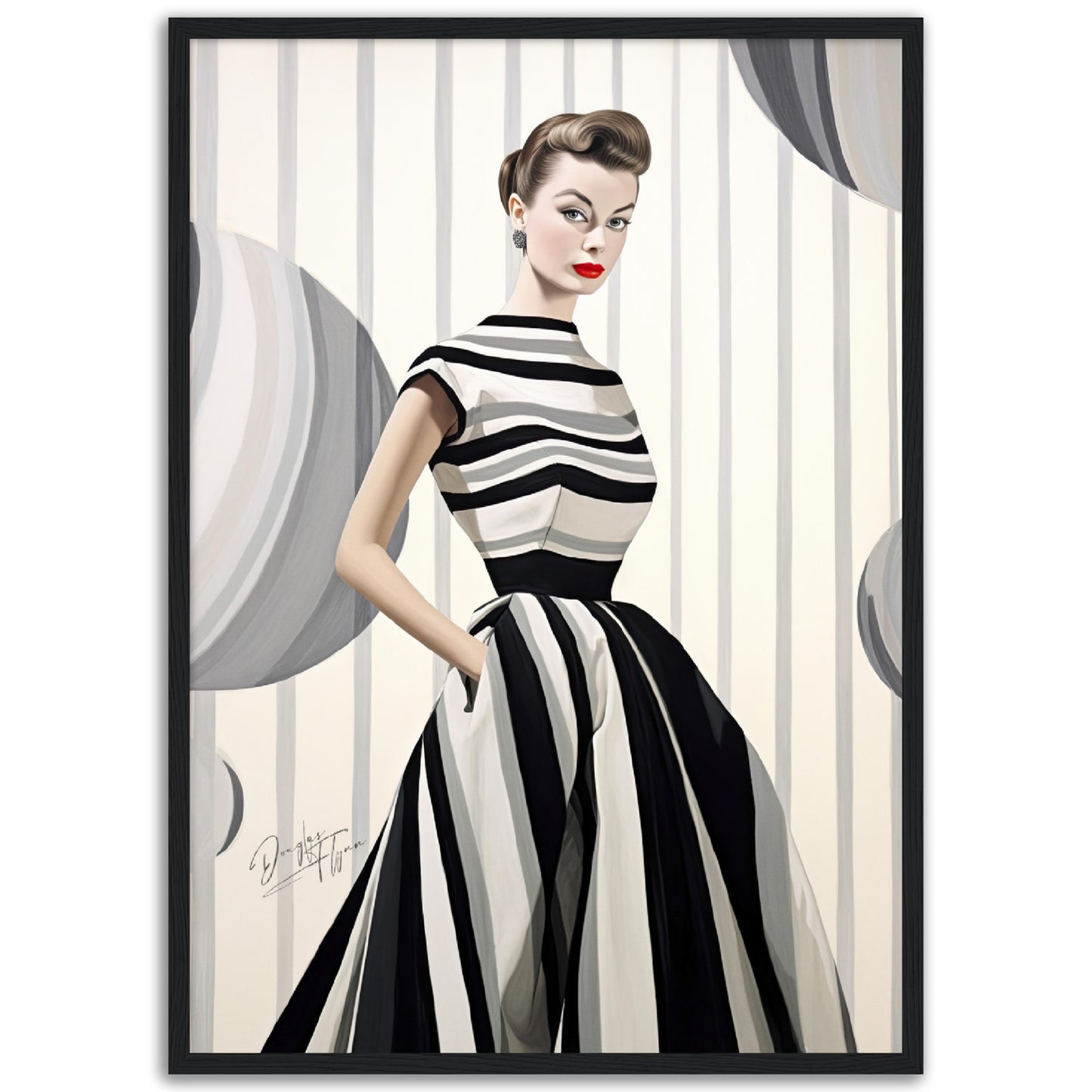 »Black and White Peplum Dress, 1950s with Bold Stripes«