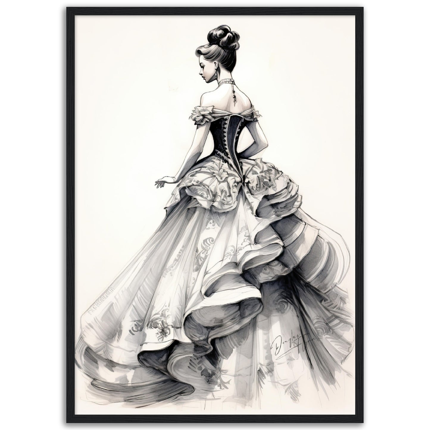 »Romantic Black and White Ruffled Sleeve Corseted Gown 1850s«