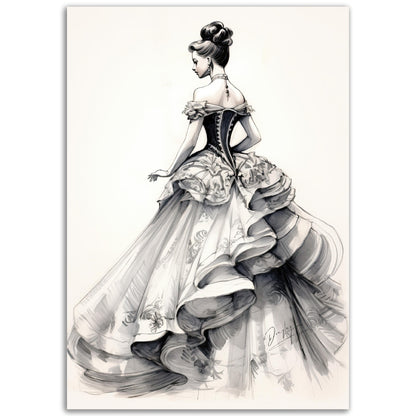 »Romantic Black and White Ruffled Sleeve Corseted Gown 1850s«