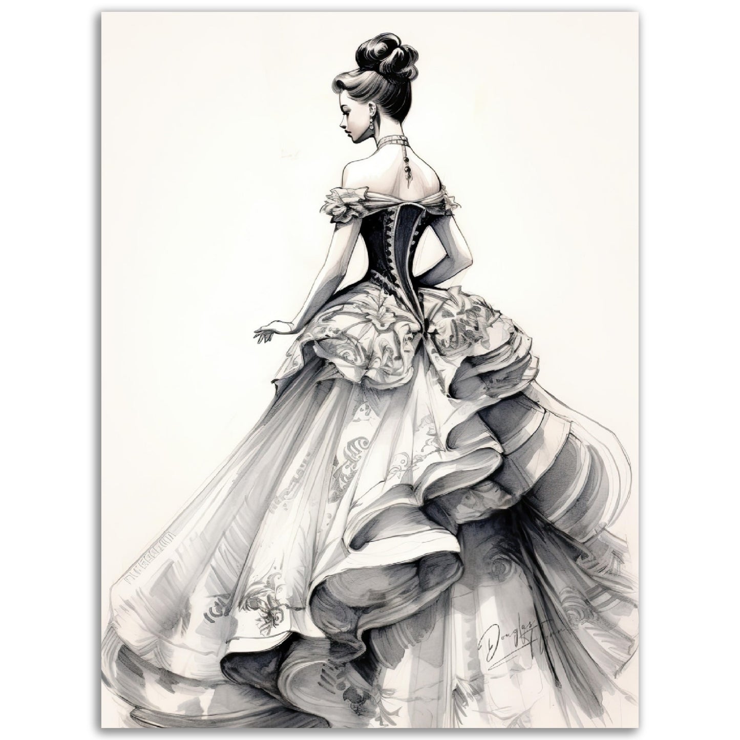 »Romantic Black and White Ruffled Sleeve Corseted Gown 1850s«