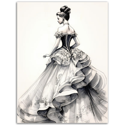 »Romantic Black and White Ruffled Sleeve Corseted Gown 1850s«